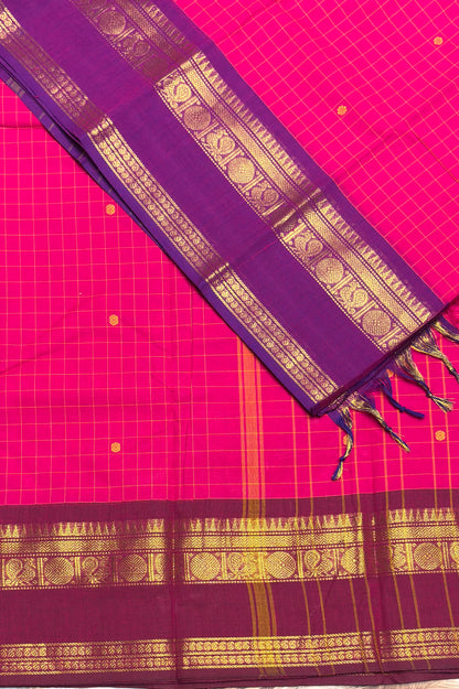 Meenakshi -Premium Kanchi Cotton Saree– Korvai Checks Butta - Rose Ganja Jamuna | MCK64