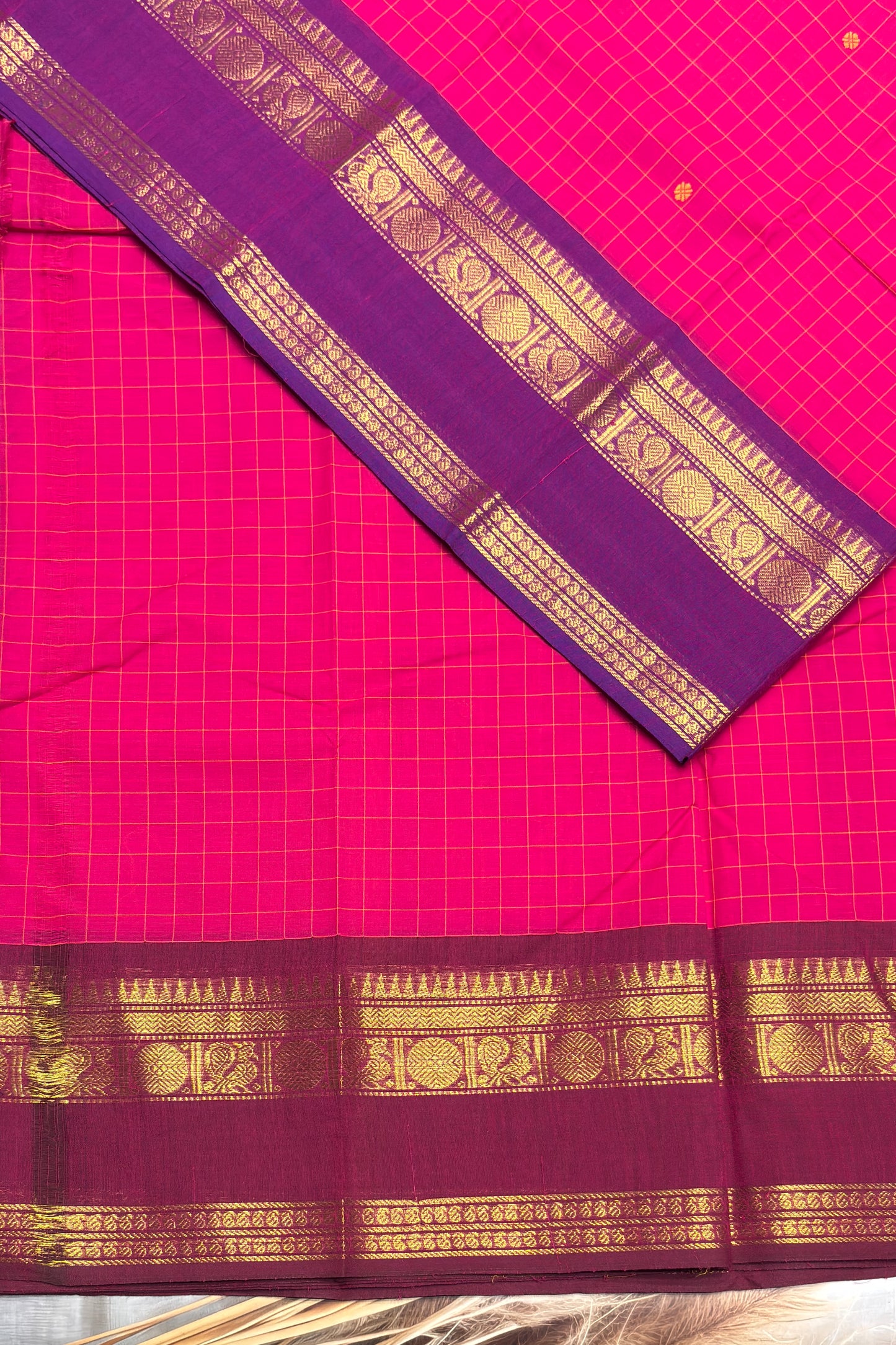 Meenakshi -Premium Kanchi Cotton Saree– Korvai Checks Butta - Rose Ganja Jamuna | MCK64