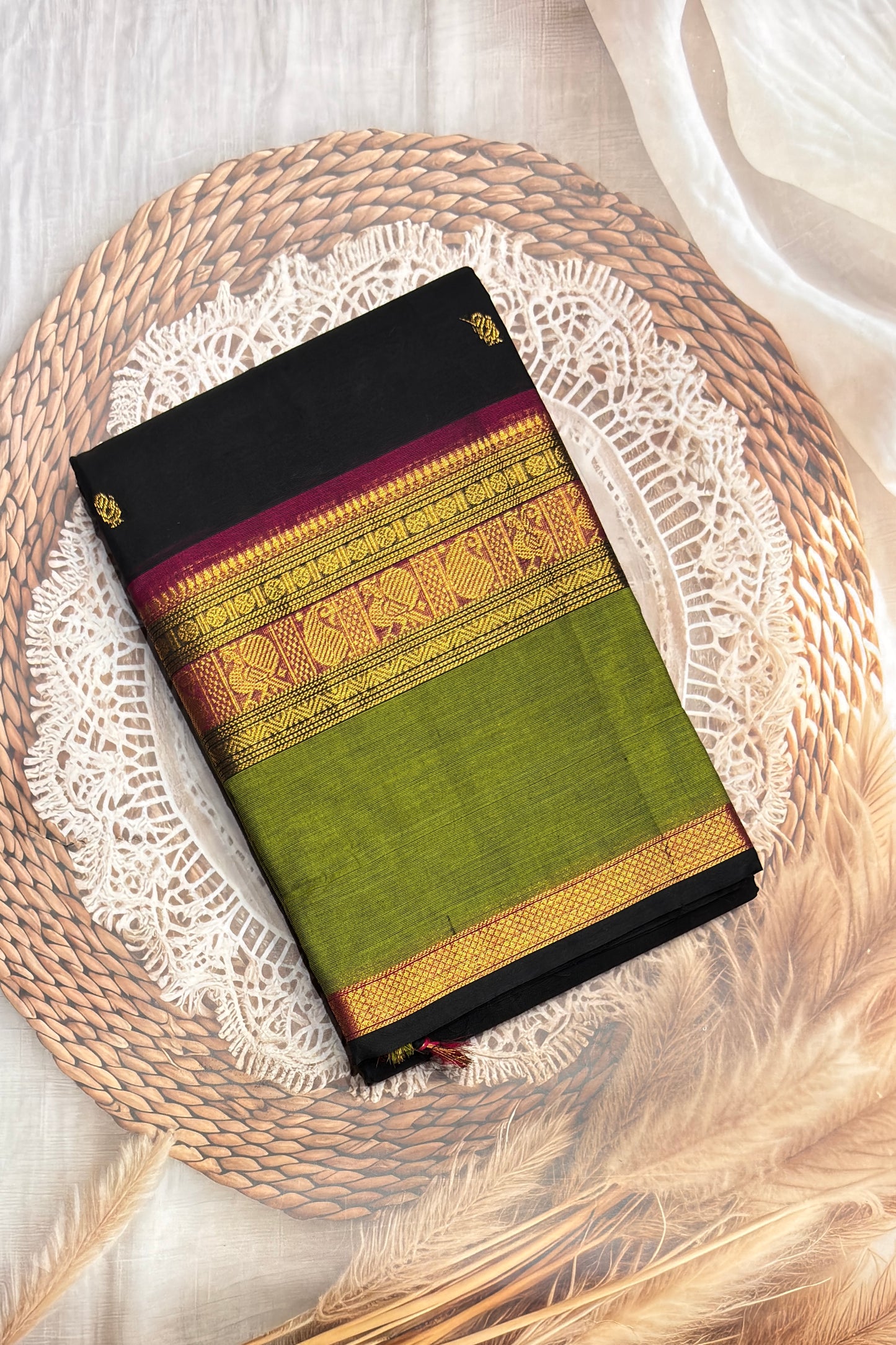 Meenakshi -Premium Kanchi Cotton Saree– Black with Parrot Green| MCK69