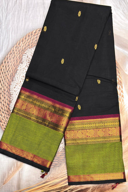 Meenakshi -Premium Kanchi Cotton Saree– Black with Parrot Green| MCK69