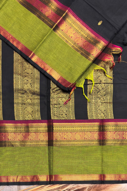 Meenakshi -Premium Kanchi Cotton Saree– Black with Parrot Green| MCK69