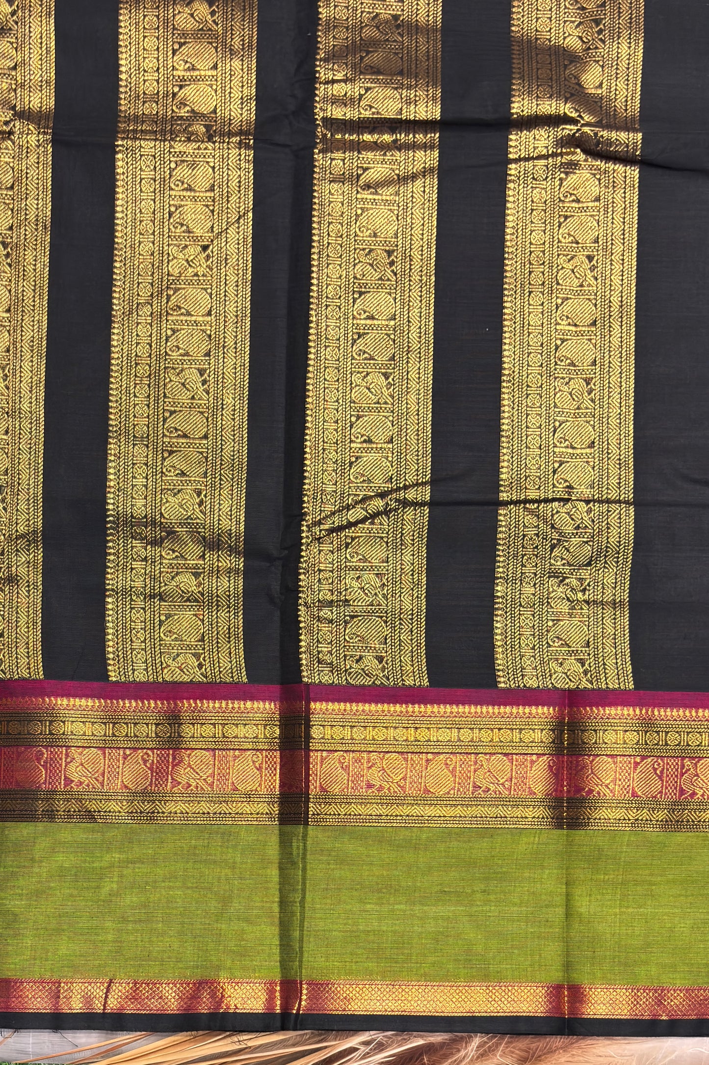 Meenakshi -Premium Kanchi Cotton Saree– Black with Parrot Green| MCK69
