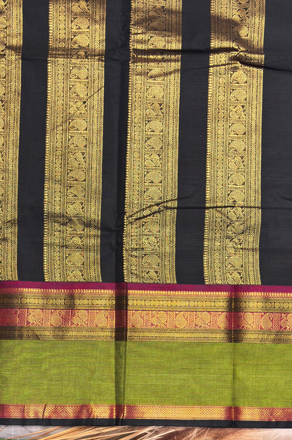 Meenakshi -Premium Kanchi Cotton Saree– Black with Parrot Green| MCK69