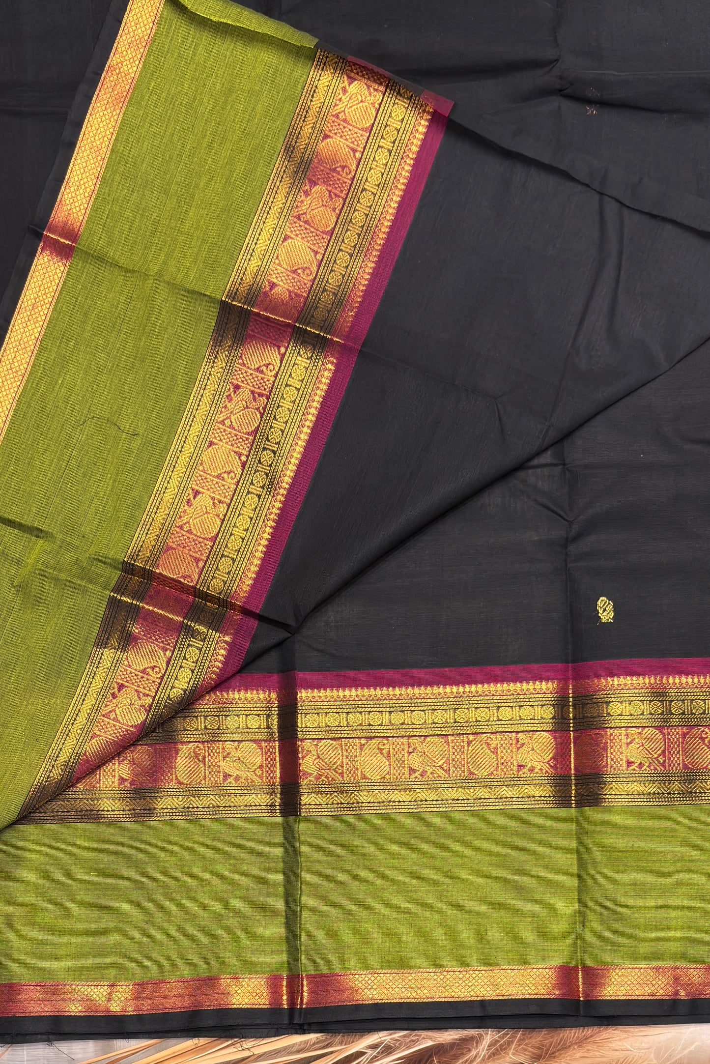 Meenakshi -Premium Kanchi Cotton Saree– Black with Parrot Green| MCK69
