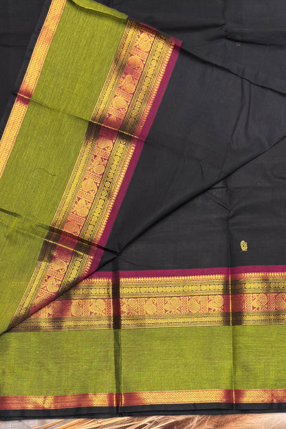 Meenakshi -Premium Kanchi Cotton Saree– Black with Parrot Green| MCK69