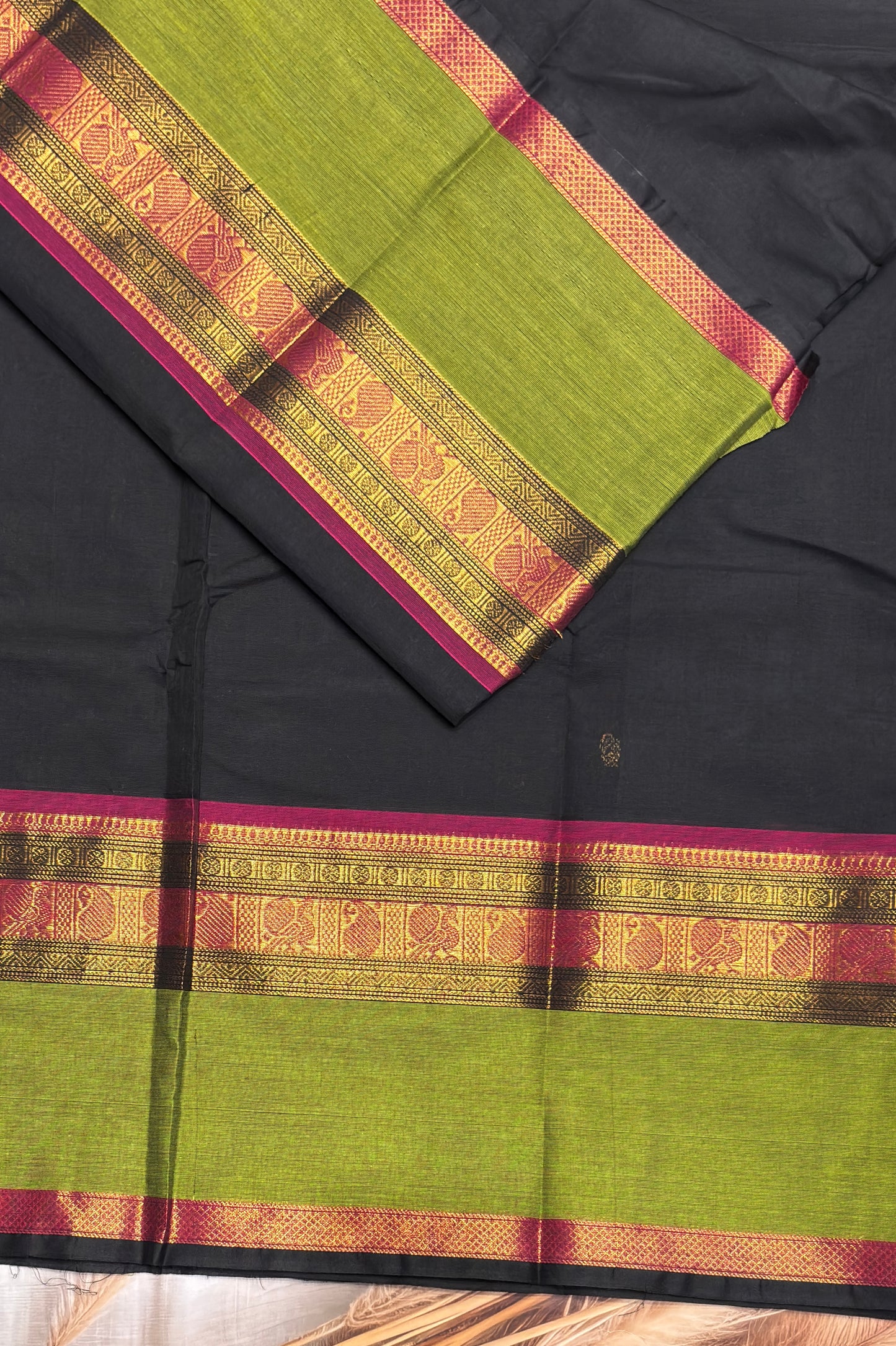 Meenakshi -Premium Kanchi Cotton Saree– Black with Parrot Green| MCK69