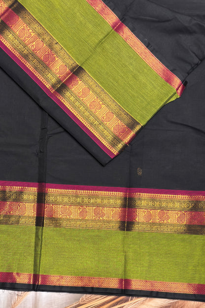 Meenakshi -Premium Kanchi Cotton Saree– Black with Parrot Green| MCK69