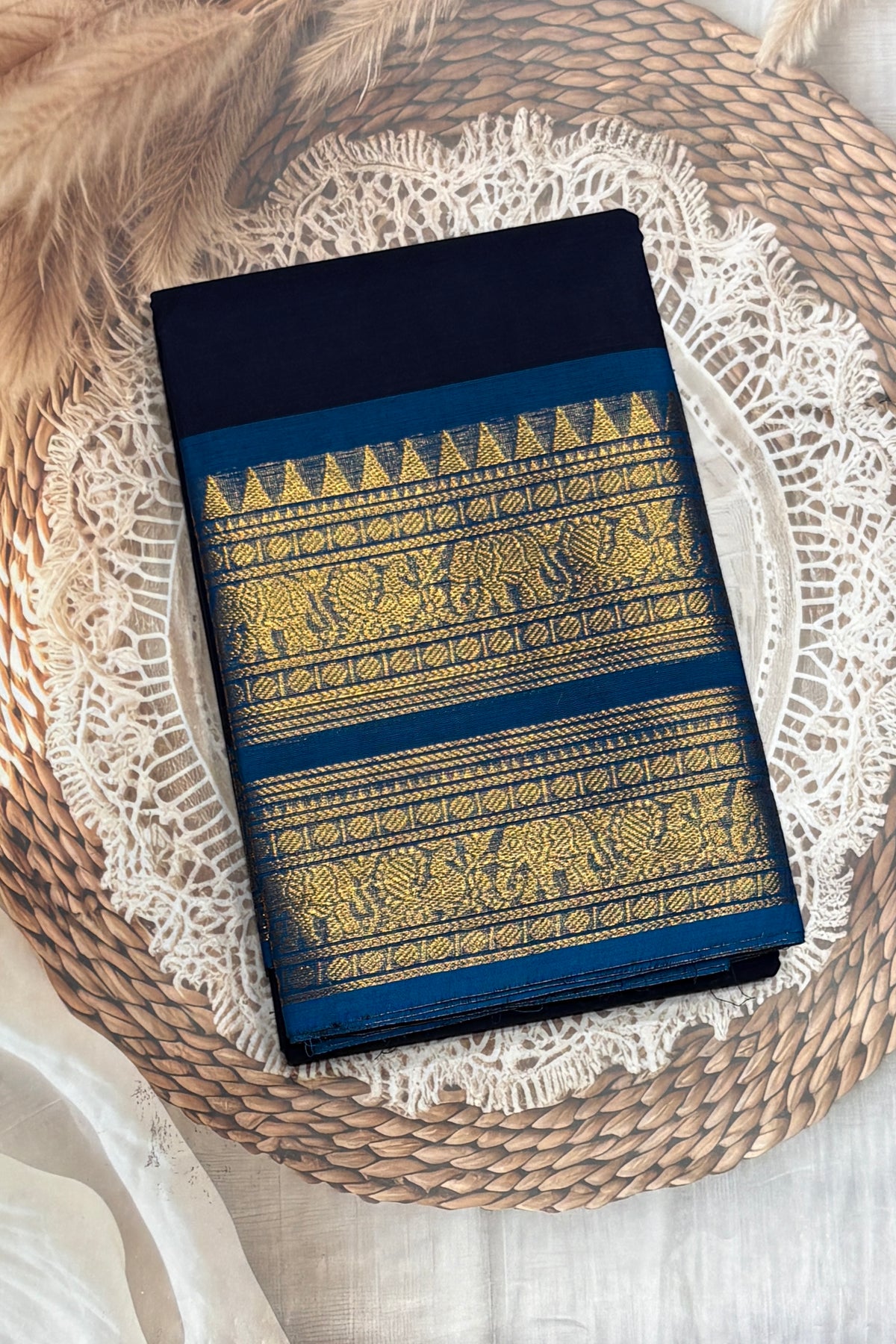 Meenakshi -Premium Kanchi Cotton Saree–Navy Blue with Sky Blue | MCK124