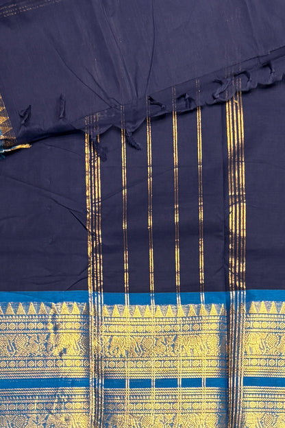 Meenakshi -Premium Kanchi Cotton Saree–Navy Blue with Sky Blue | MCK124