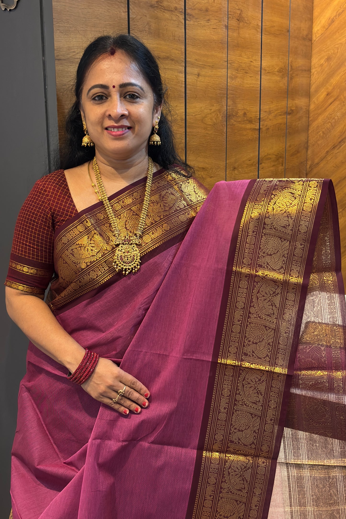 Meenakshi -Premium Kanchi Cotton Saree– Onion Pink with Deep Maroon | MCK66