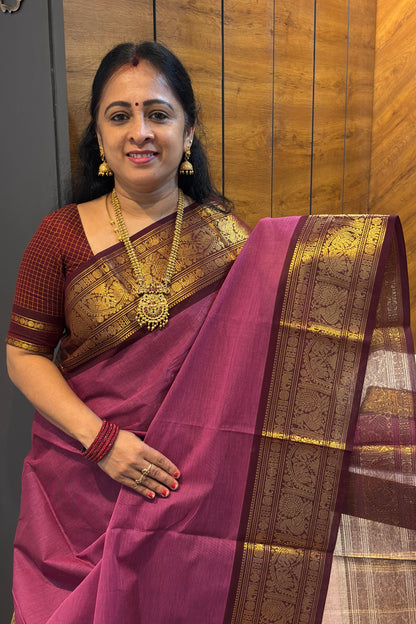 Meenakshi -Premium Kanchi Cotton Saree– Onion Pink with Deep Maroon | MCK66