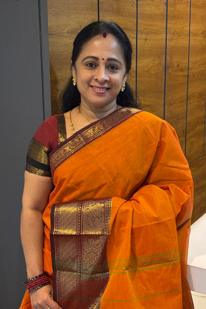 Meenakshi - Kanchi  Cotton | Orange With Maroon| MCK25