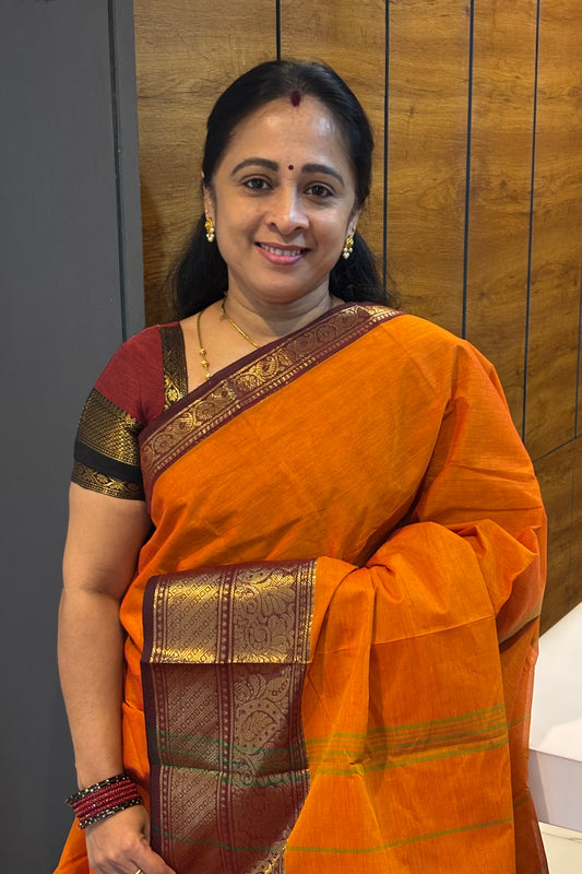 Meenakshi - Kanchi  Cotton | Orange With Maroon| MCK25