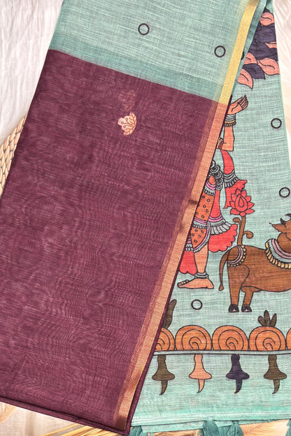 Premium Linen Cotton |Wine with Teal Blue |MBLC40