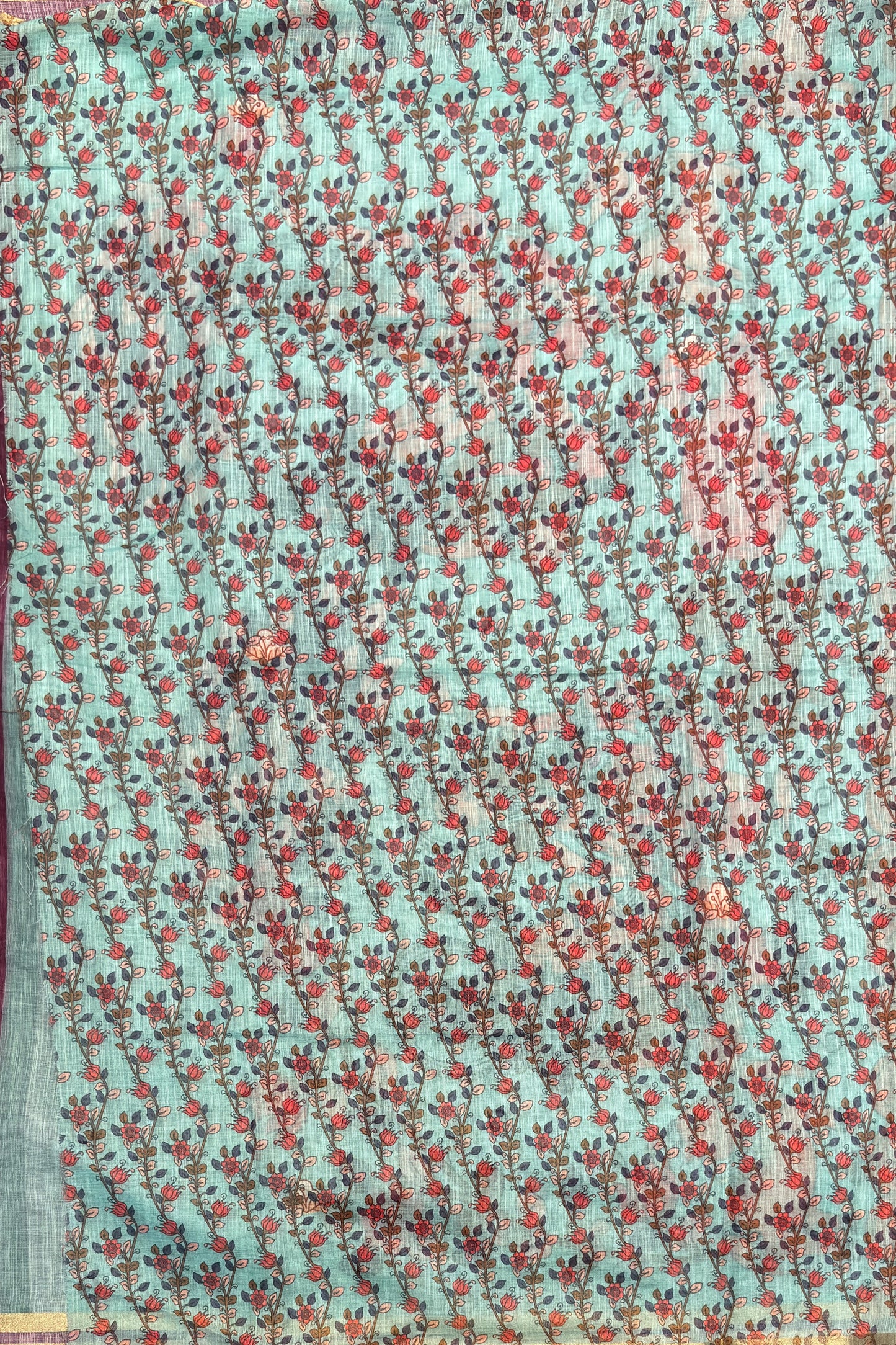 Premium Linen Cotton |Wine with Teal Blue |MBLC40