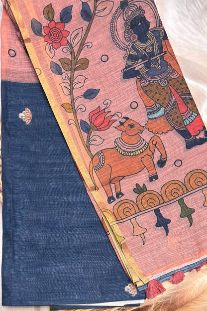 Premium Linen Cotton |Indigo Blue with Peach |MBLC41