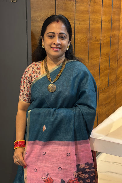Premium Linen Cotton |Peacock Blue with Pink  |MBLC39