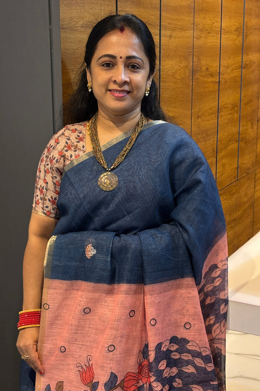 Premium Linen Cotton |Indigo Blue with Peach |MBLC41
