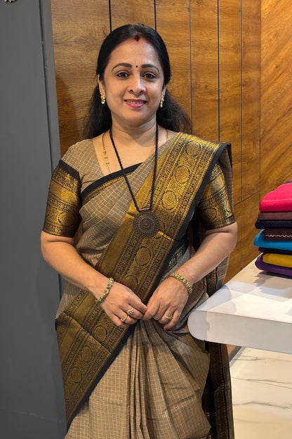 Meenakshi -Premium Kanchi Cotton Saree–Gold Dual Tone with Black | MCK102
