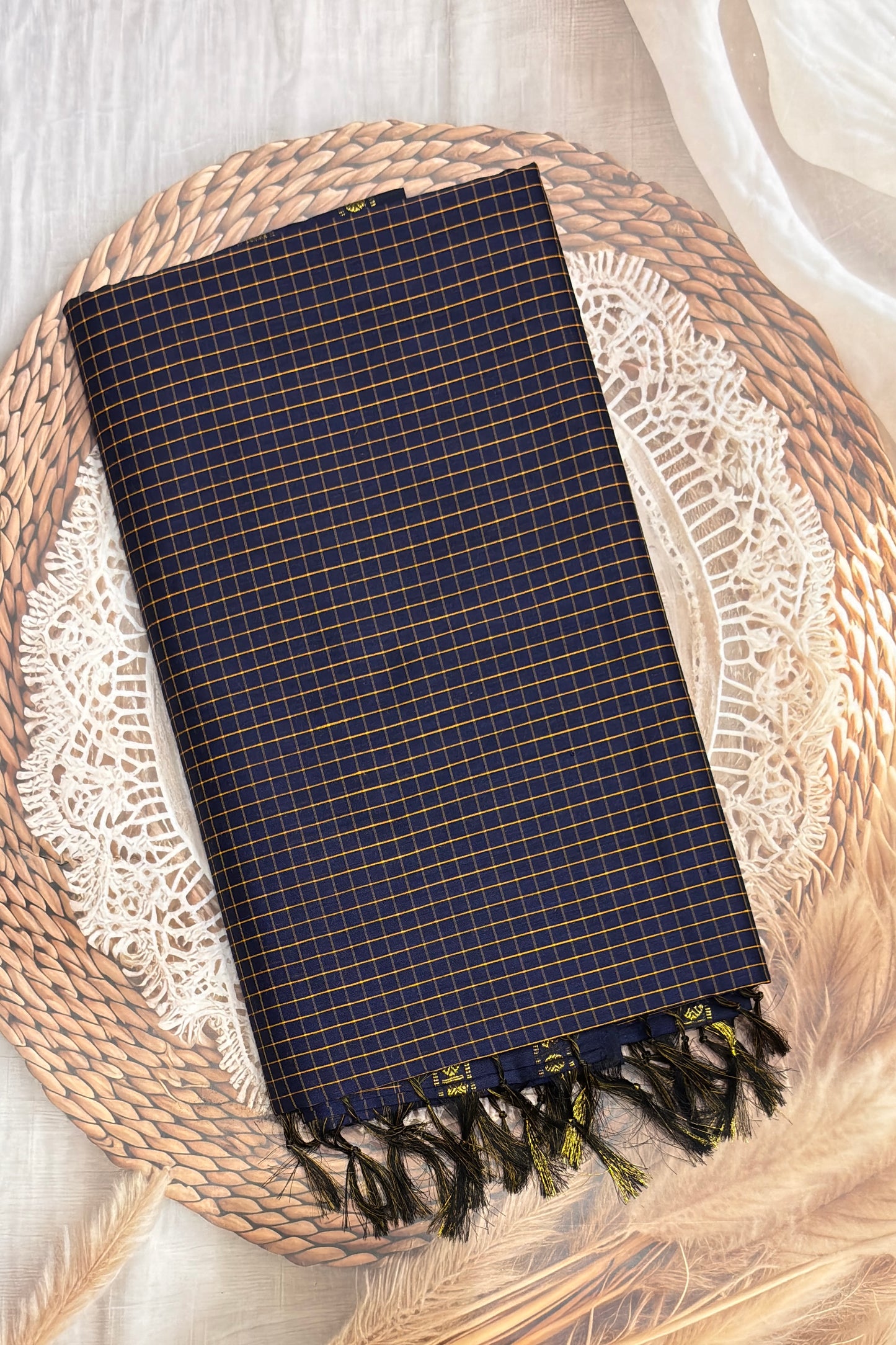 Premium Gadwal Cotton Saree – Vintage  Checks With Rettapet Border  | Navy Blue | MGC20
