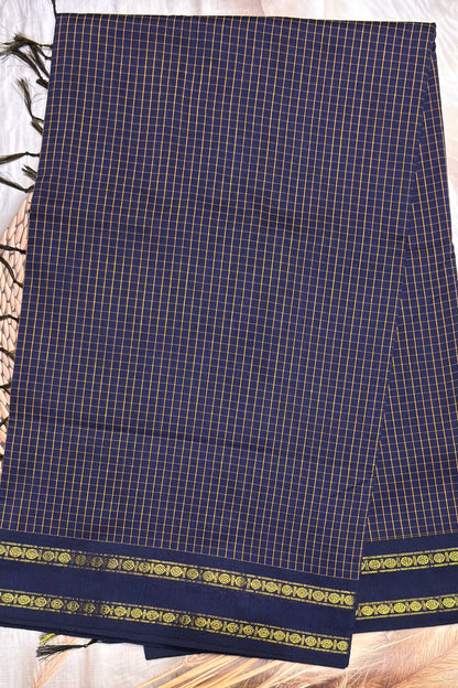 Premium Gadwal Cotton Saree – Vintage  Checks With Rettapet Border  | Navy Blue | MGC20