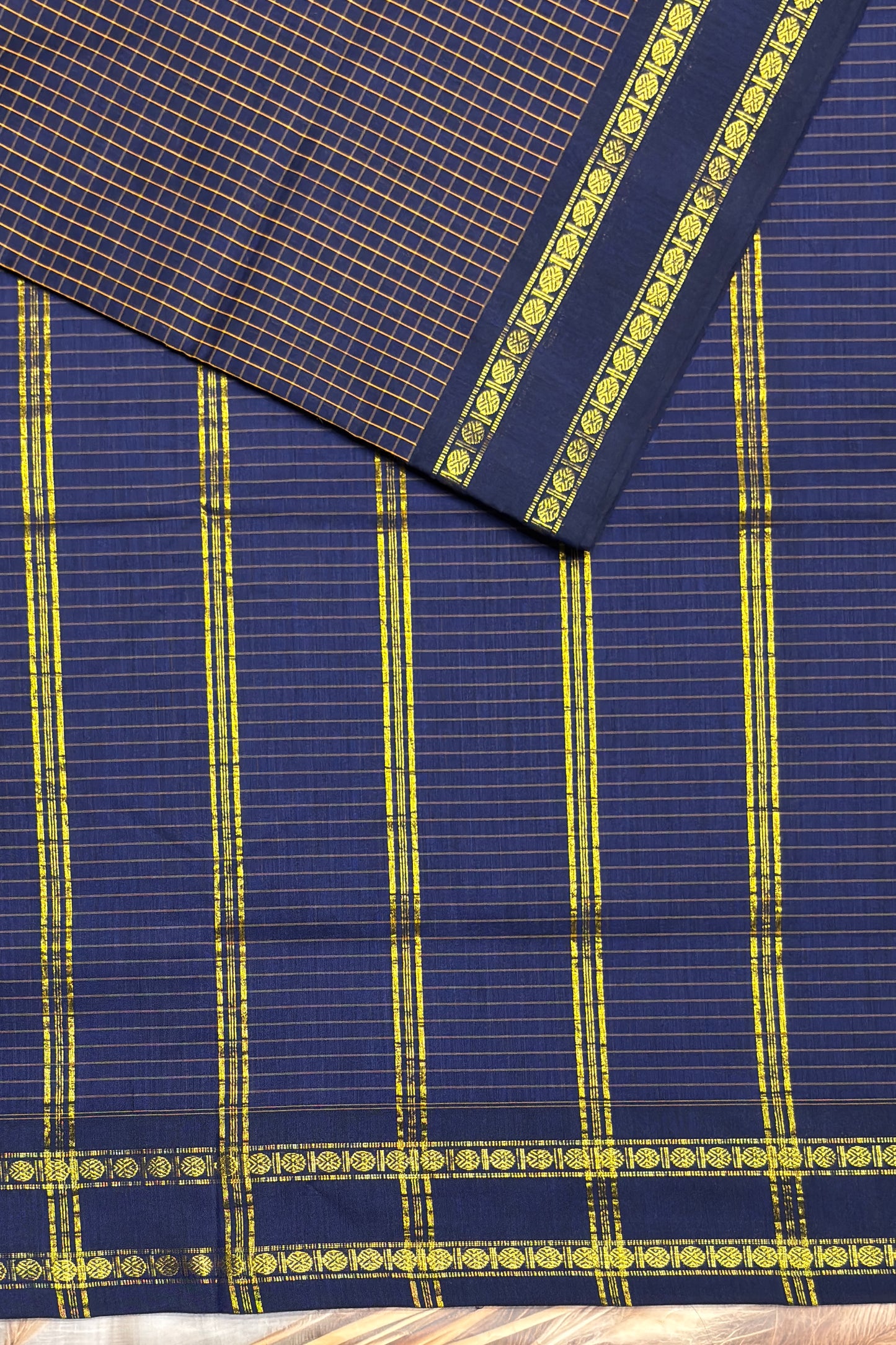 Premium Gadwal Cotton Saree – Vintage  Checks With Rettapet Border  | Navy Blue | MGC20