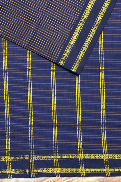 Premium Gadwal Cotton Saree – Vintage  Checks With Rettapet Border  | Navy Blue | MGC20