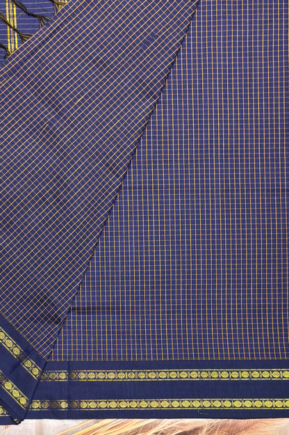 Premium Gadwal Cotton Saree – Vintage  Checks With Rettapet Border  | Navy Blue | MGC20