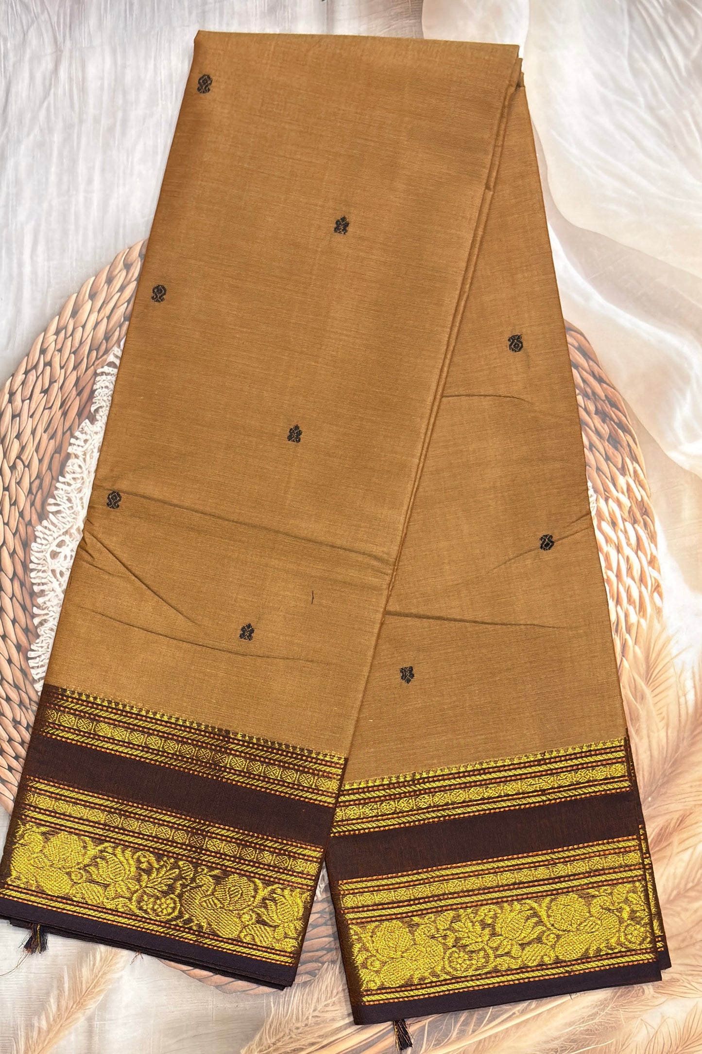 Meenakshi -Premium Kanchi Cotton Saree–Gold  with Choclate | MCK75