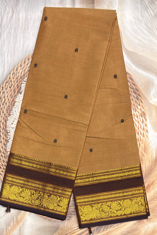 Meenakshi -Premium Kanchi Cotton Saree–Gold  with Choclate | MCK75