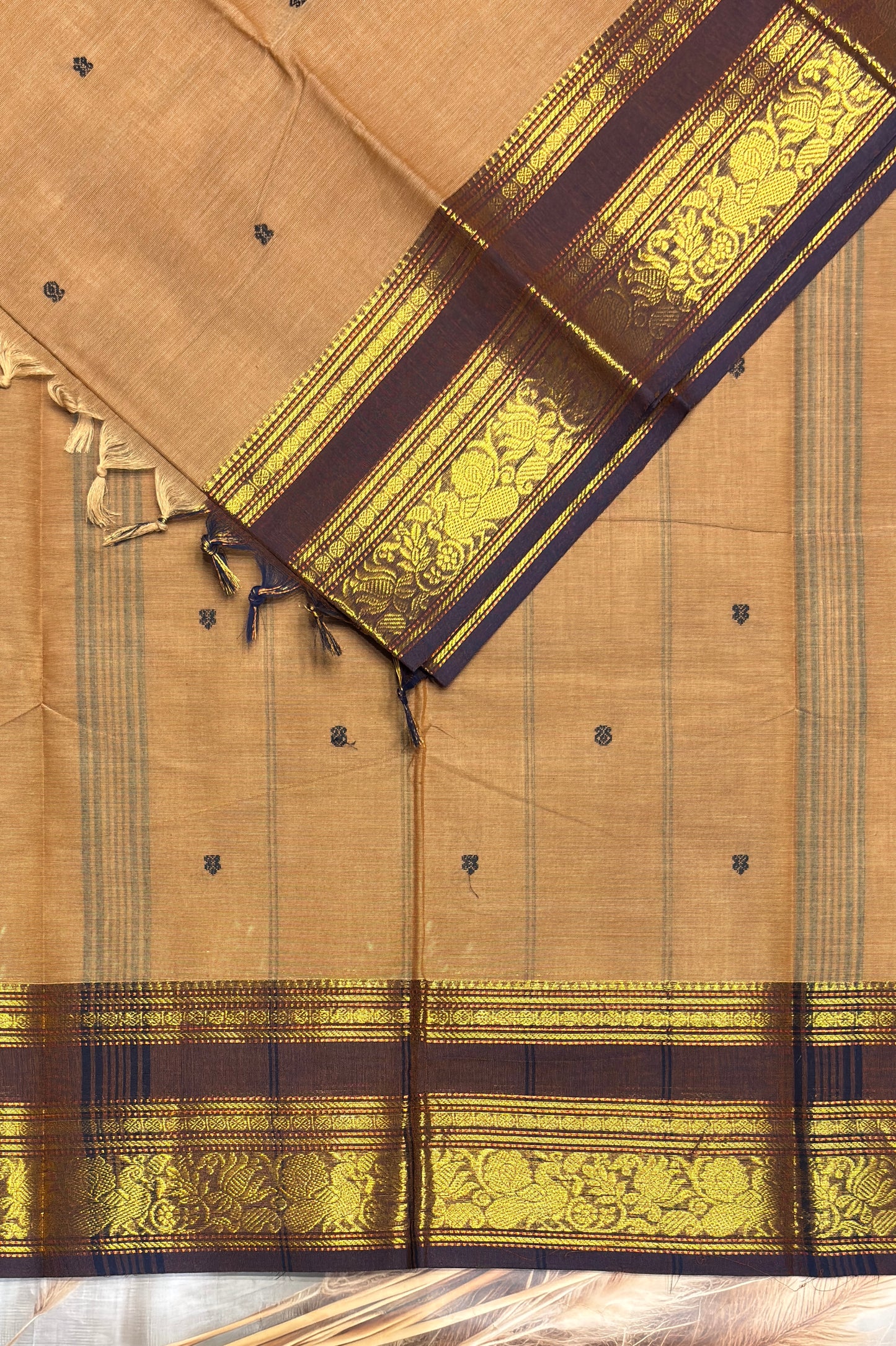 Meenakshi -Premium Kanchi Cotton Saree–Gold  with Choclate | MCK75