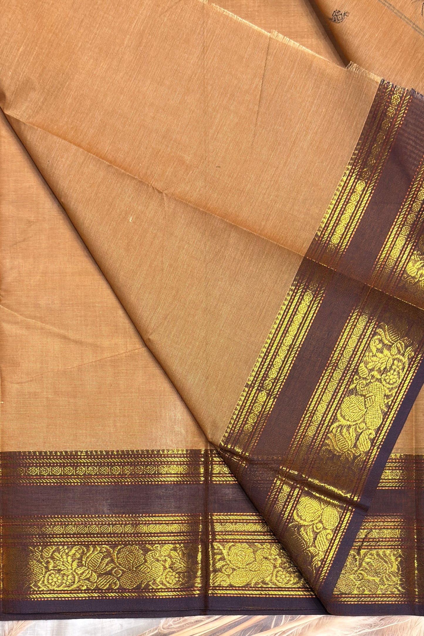 Meenakshi -Premium Kanchi Cotton Saree–Gold  with Choclate | MCK75