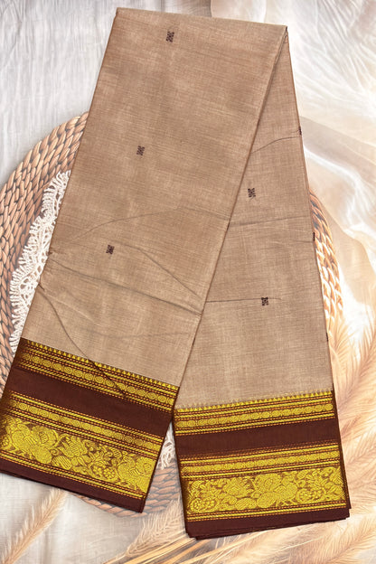 Meenakshi -Premium Kanchi Cotton Saree–Cream With Choclate | MCK71
