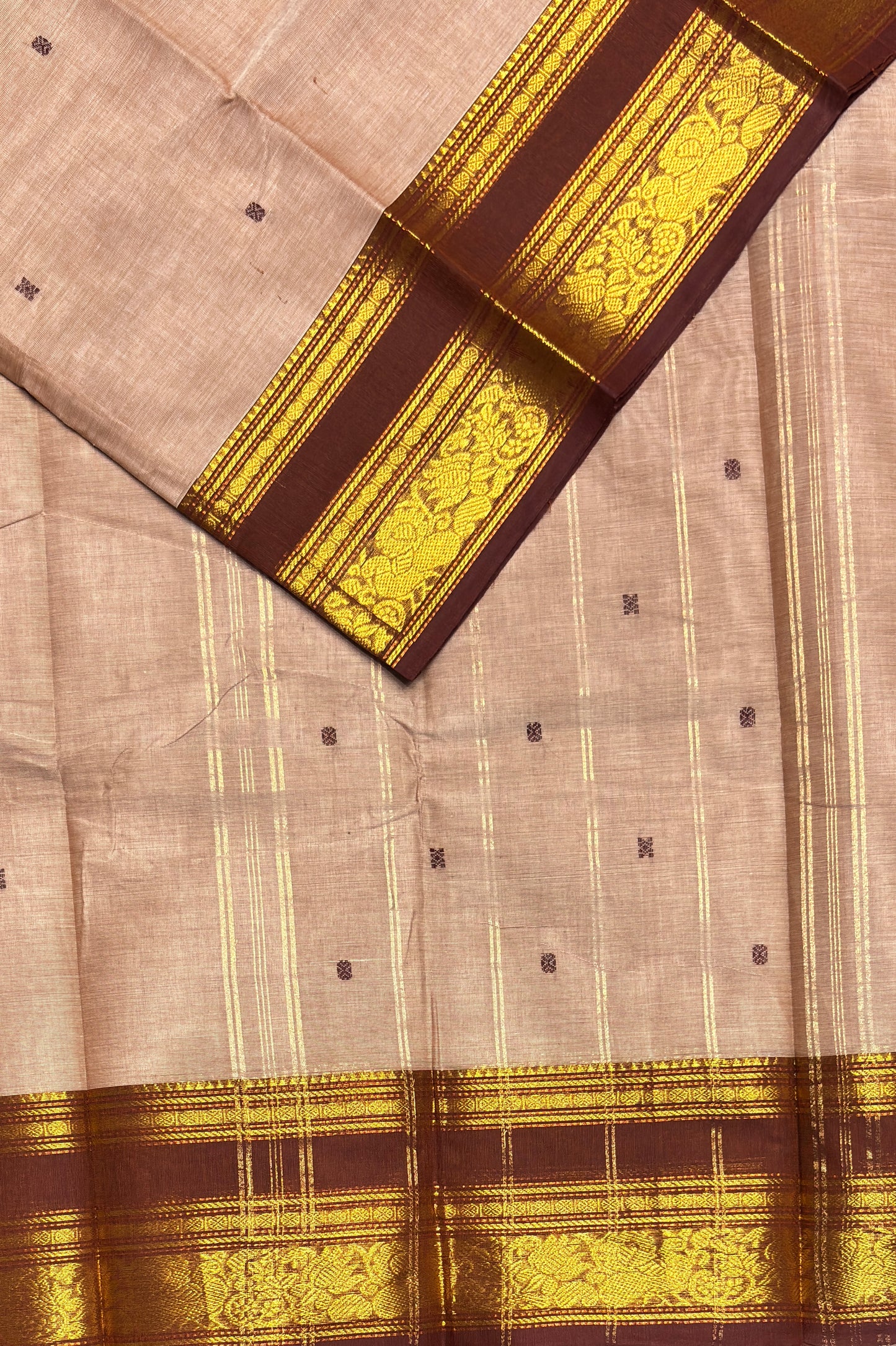 Meenakshi -Premium Kanchi Cotton Saree–Cream With Choclate | MCK71