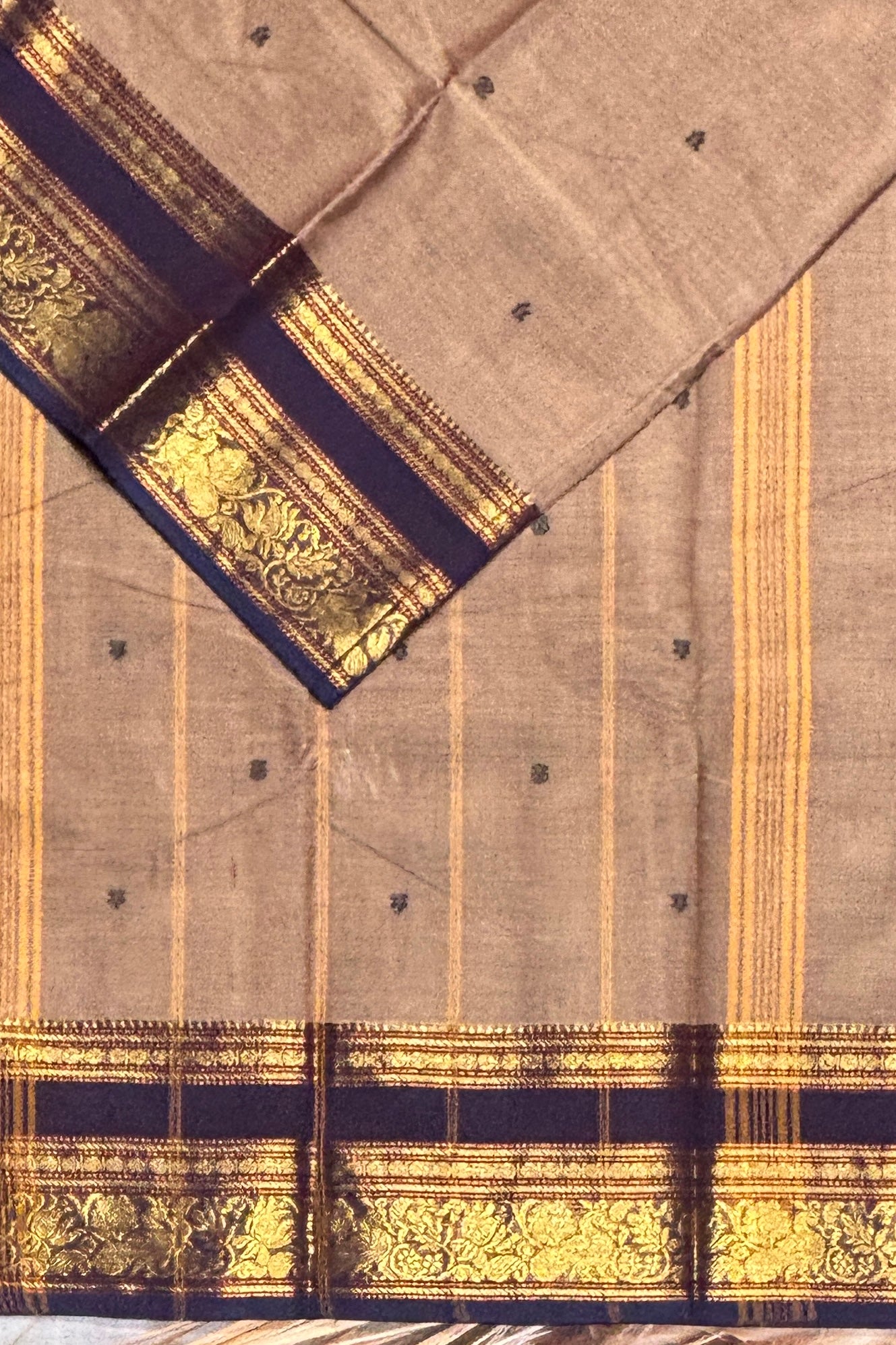 Meenakshi -Premium Kanchi Cotton Saree–Dark Gold With Navy | MCK78