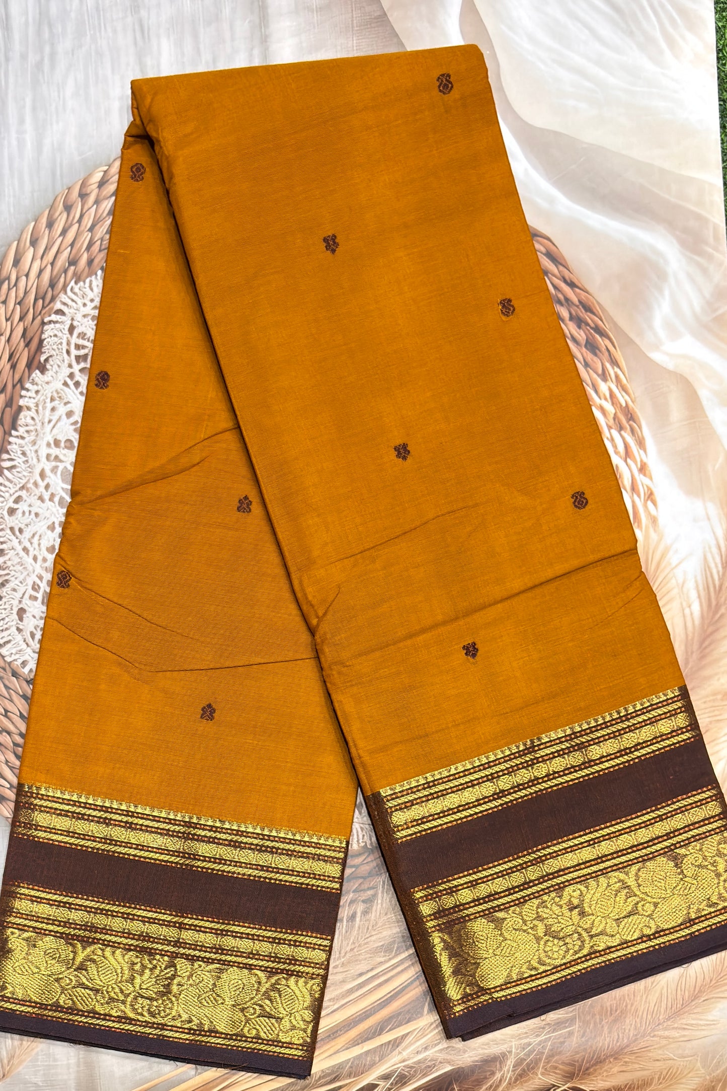 Meenakshi -Premium Kanchi Cotton Saree–Mustard Yellow with Choclate | MCK73