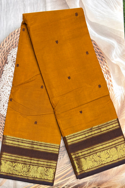 Meenakshi -Premium Kanchi Cotton Saree–Mustard Yellow with Choclate | MCK73
