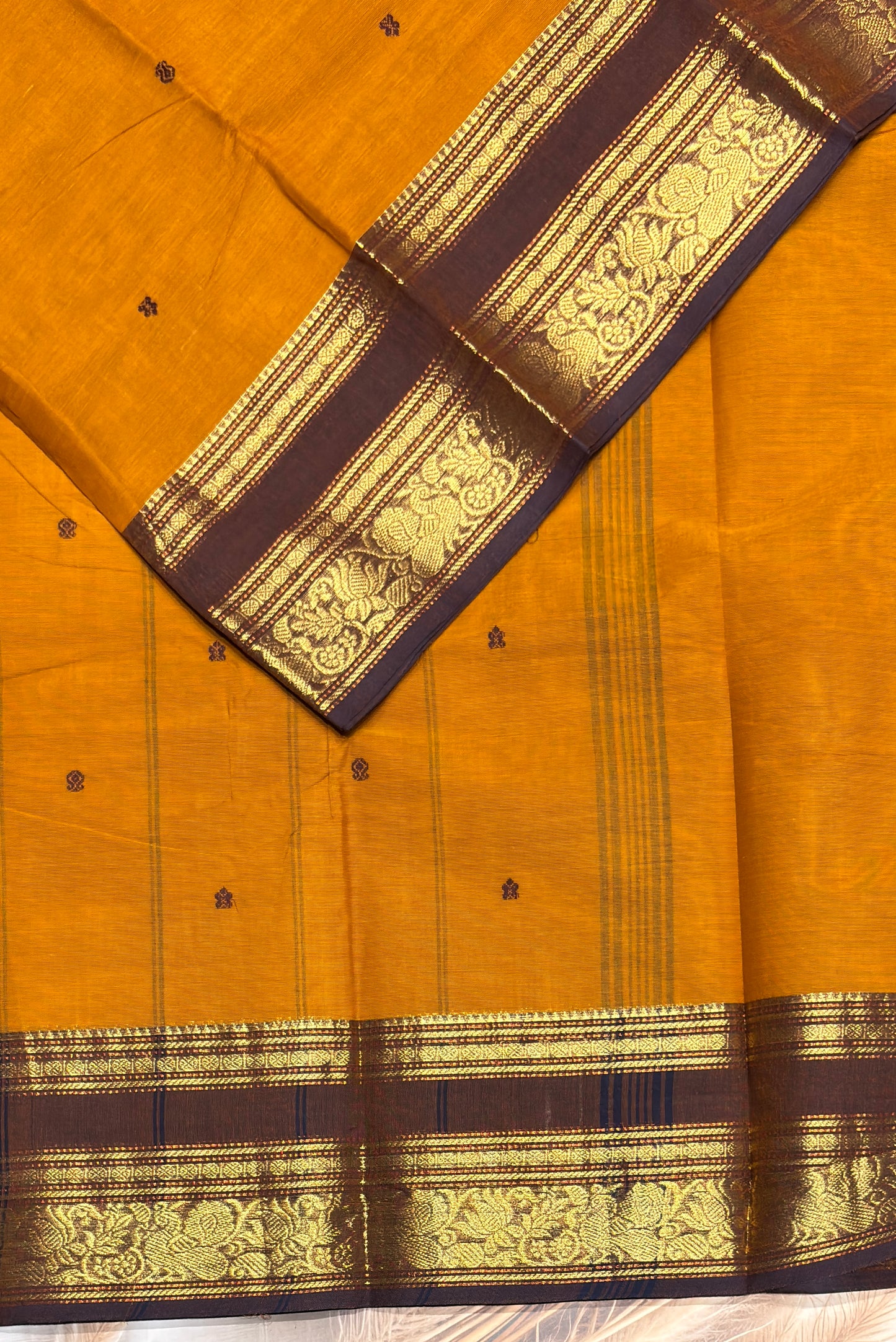 Meenakshi -Premium Kanchi Cotton Saree–Mustard Yellow with Choclate | MCK73