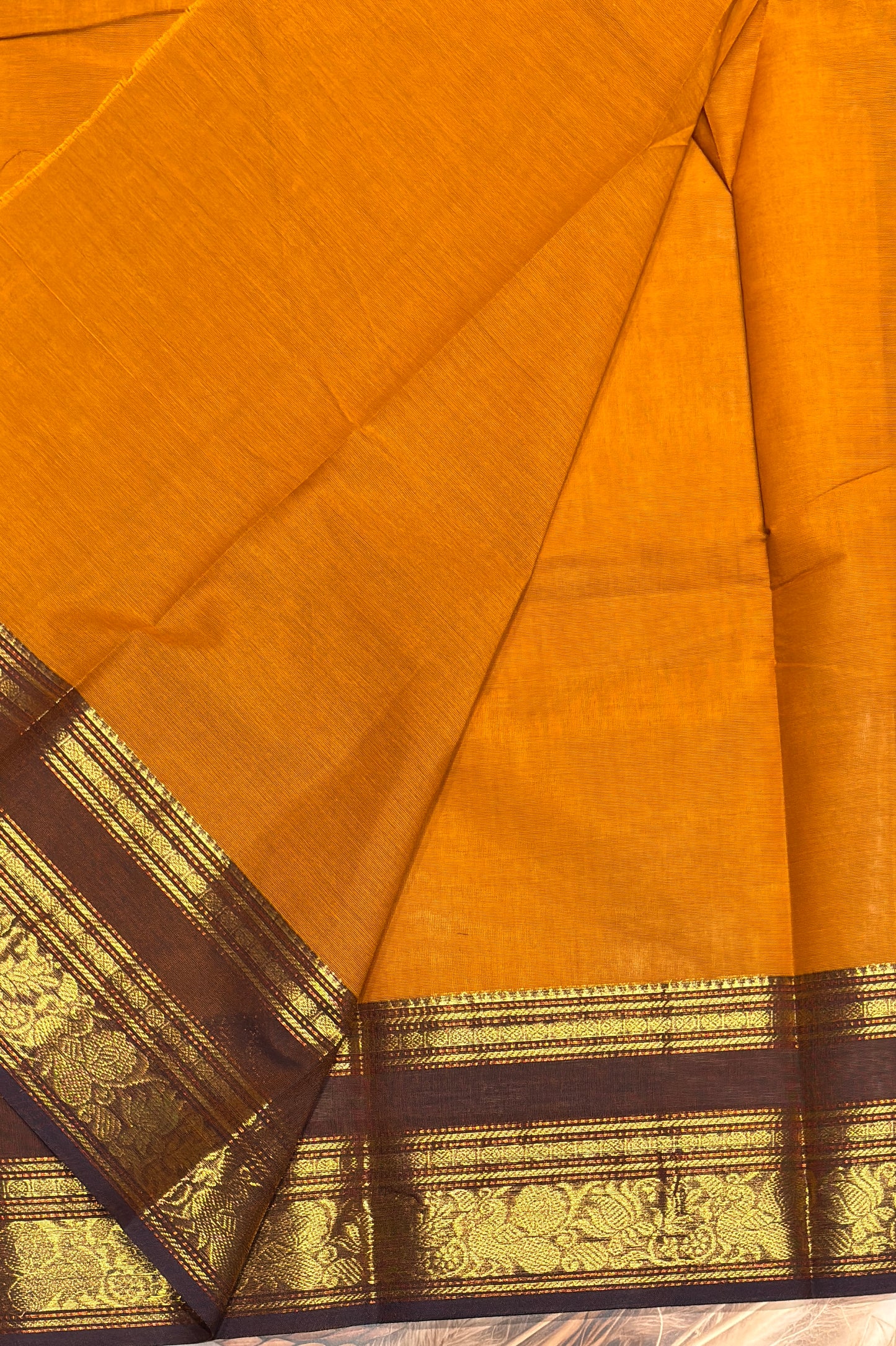 Meenakshi -Premium Kanchi Cotton Saree–Mustard Yellow with Choclate | MCK73