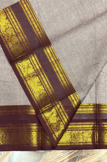 Meenakshi -Premium Kanchi Cotton Saree–Grey Dual Tone with Choclate| MCK74