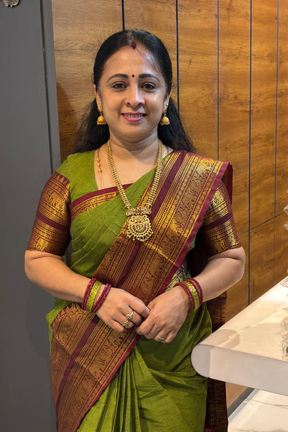 Meenakshi -Premium Kanchi Cotton Saree–Mehendi Green  With Maroon  | MCK61