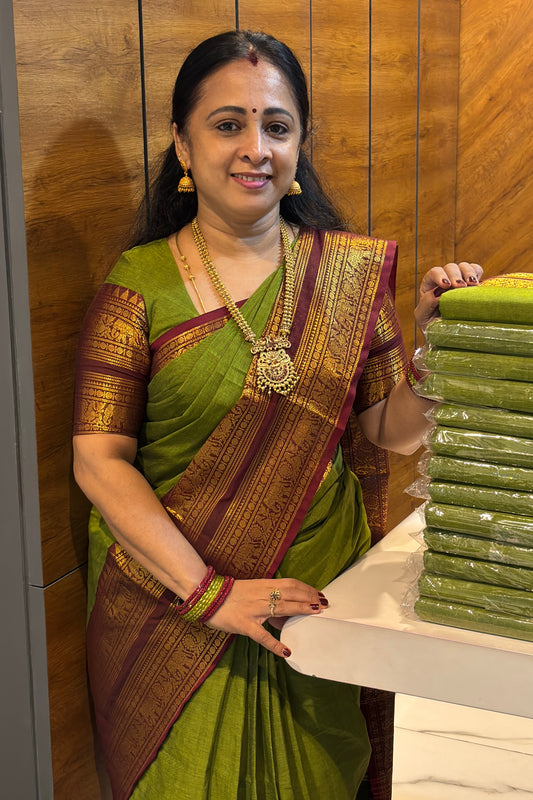 Meenakshi -Premium Kanchi Cotton Saree–Mehendi Green  With Maroon  | MCK61