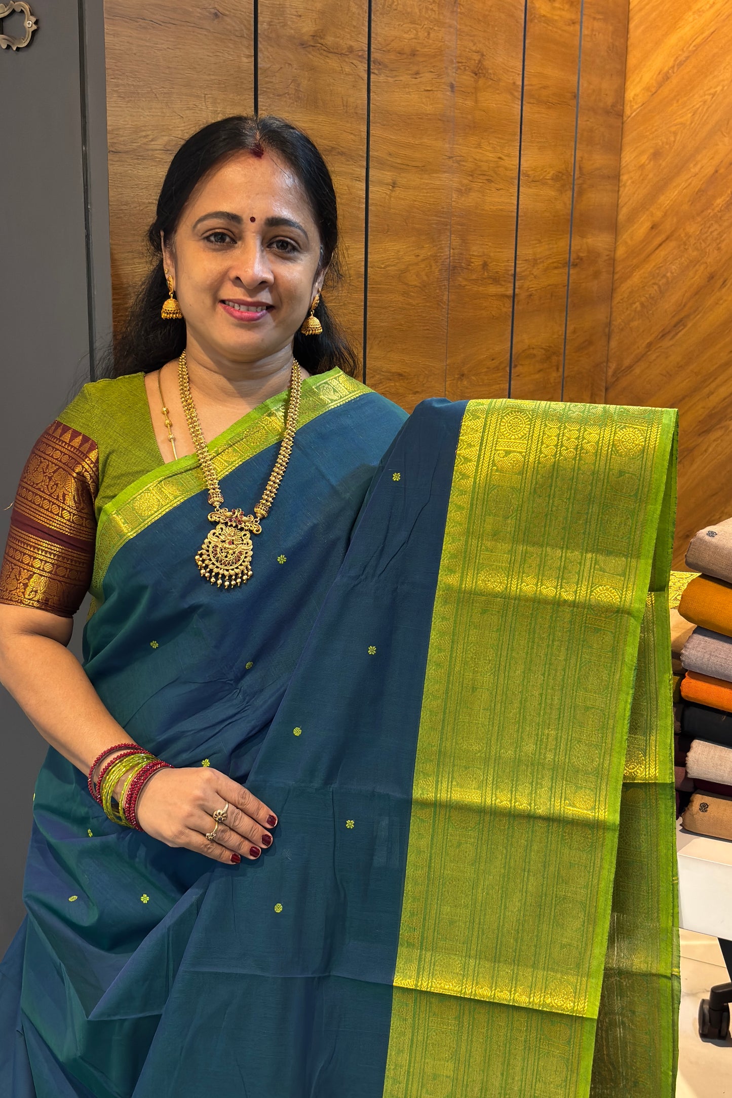 Meenakshi -Premium Kanchi Cotton Saree–Peacock Blue|MCK89