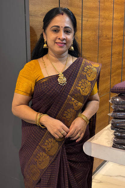 Sungudi Cotton Zari Checks | Coffee Brown With Mustard | SC32