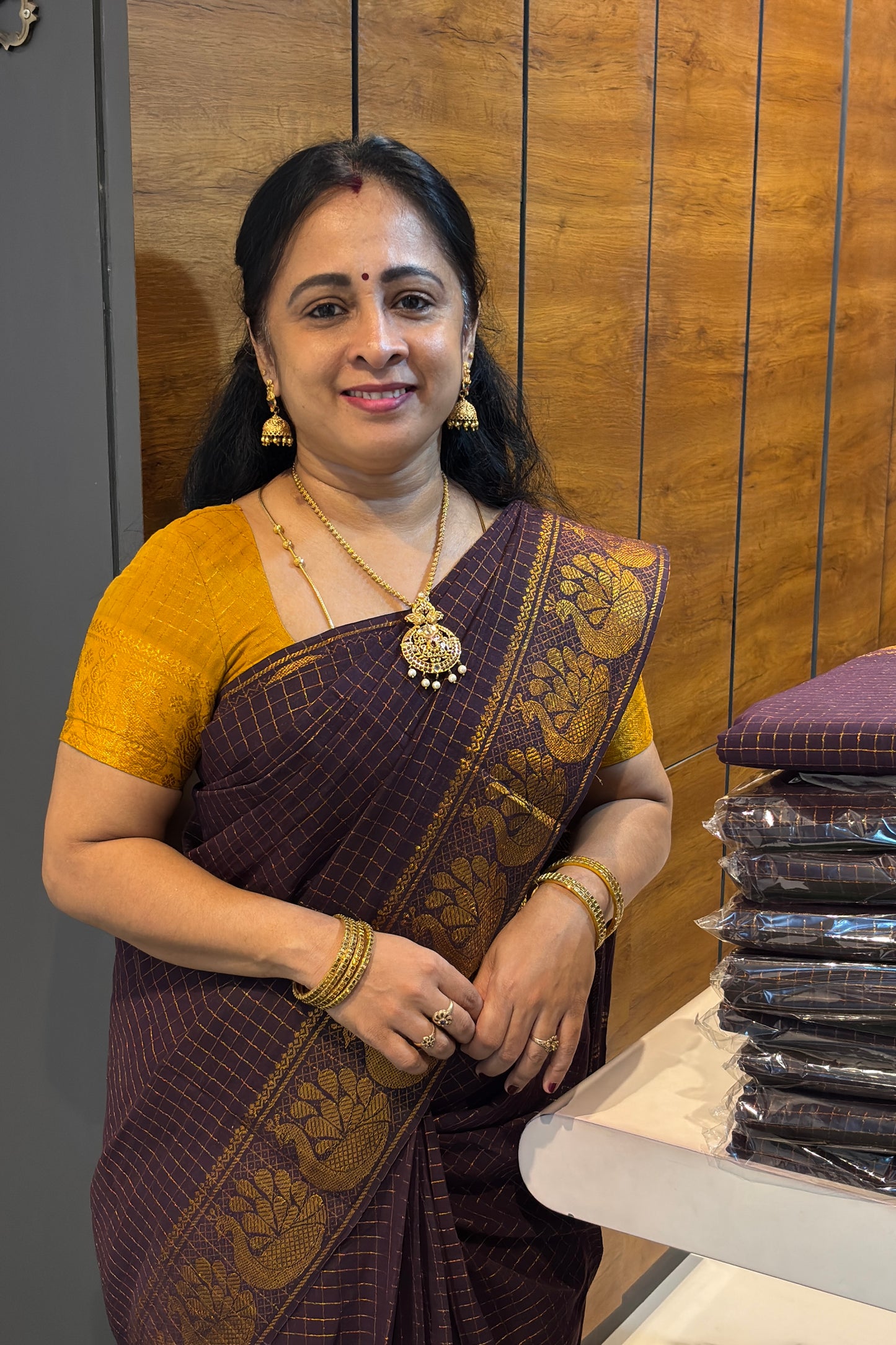 Sungudi Cotton Zari Checks | Coffee Brown With Mustard | SC32