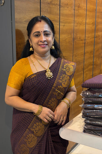 Sungudi Cotton Zari Checks | Coffee Brown With Mustard | SC32