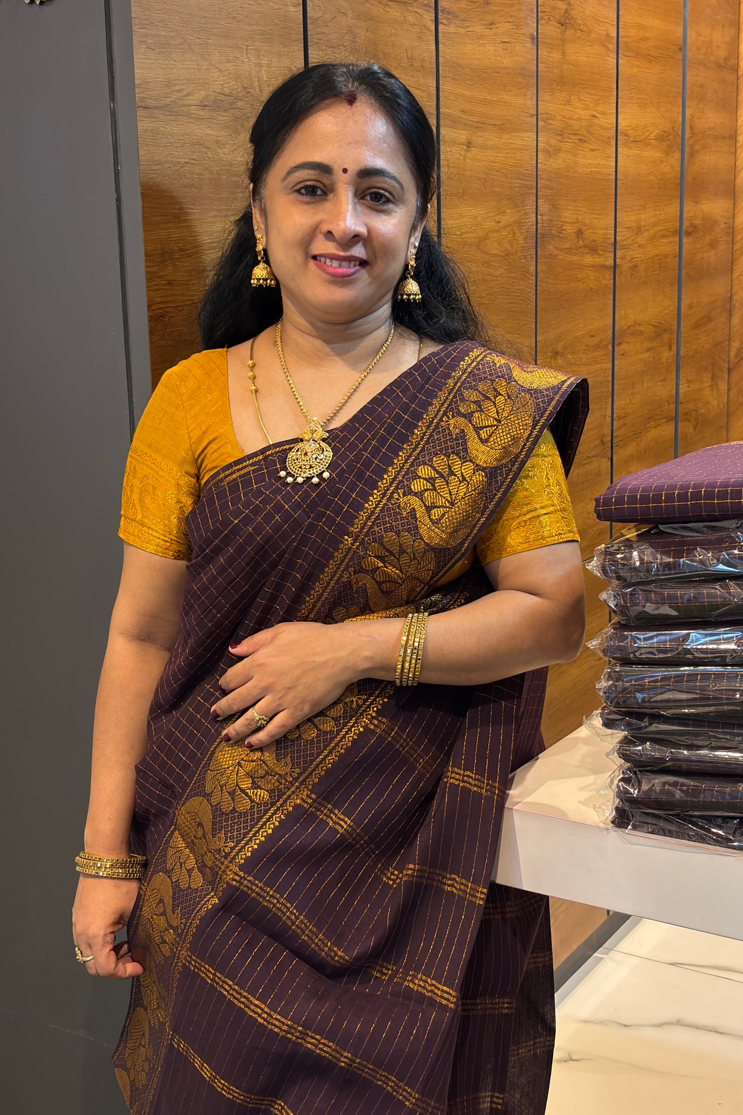 Sungudi Cotton Zari Checks | Coffee Brown With Mustard | SC32