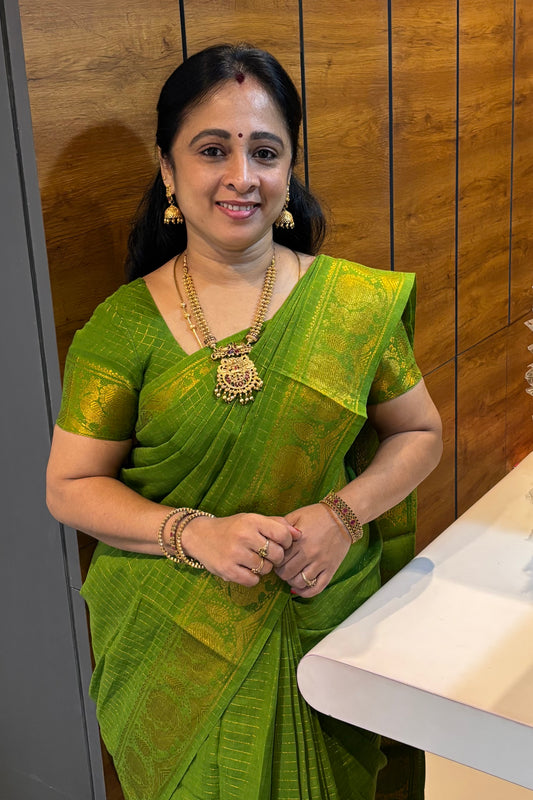 Sungudi Cotton Zari Checks | Parrot Green | SC13