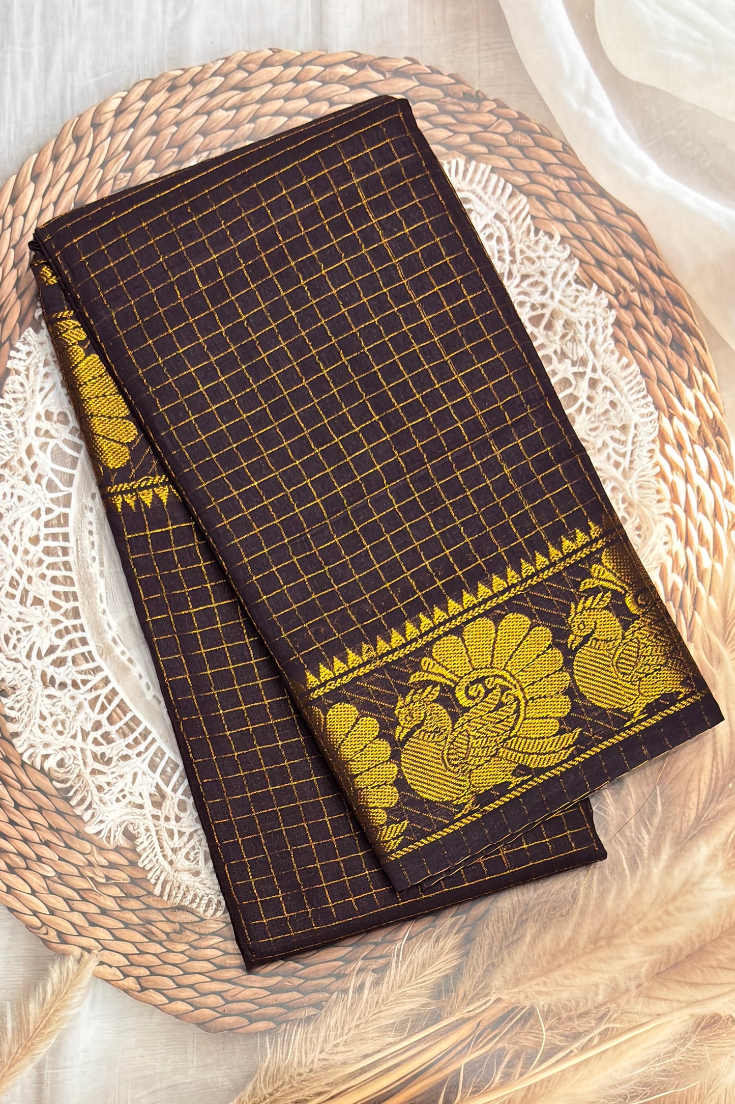 Sungudi Cotton Zari Checks | Coffee Brown With Mustard | SC32