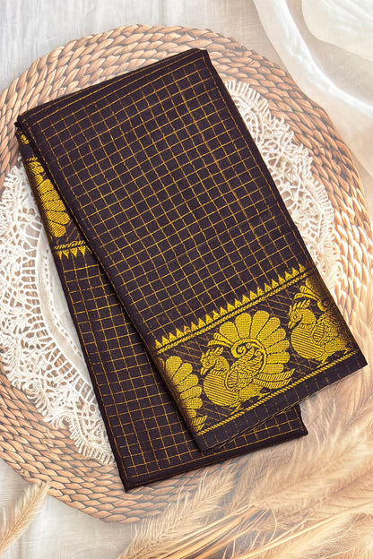 Sungudi Cotton Zari Checks | Coffee Brown With Mustard | SC32
